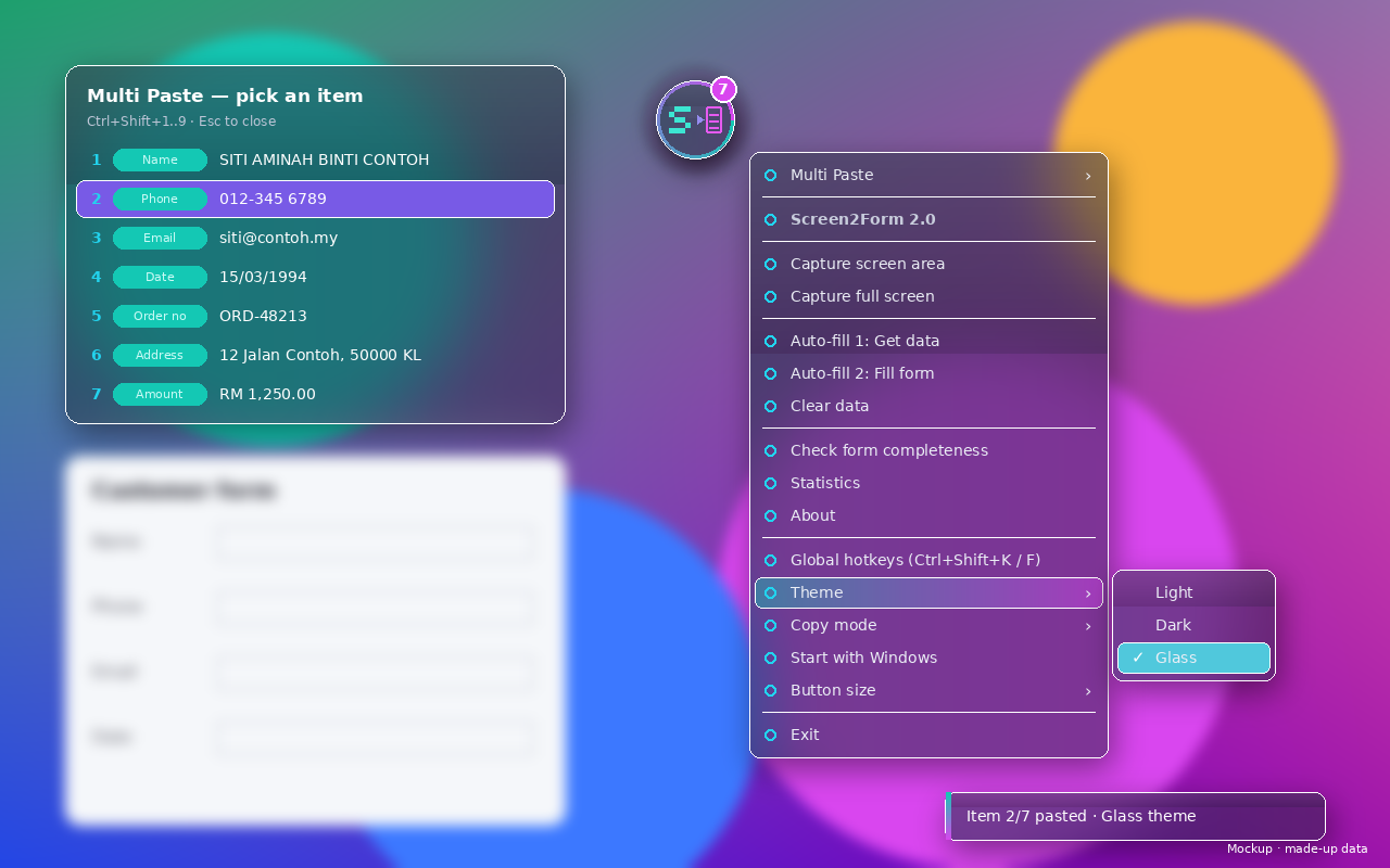 Screen2Form floating glass button with its item picker open